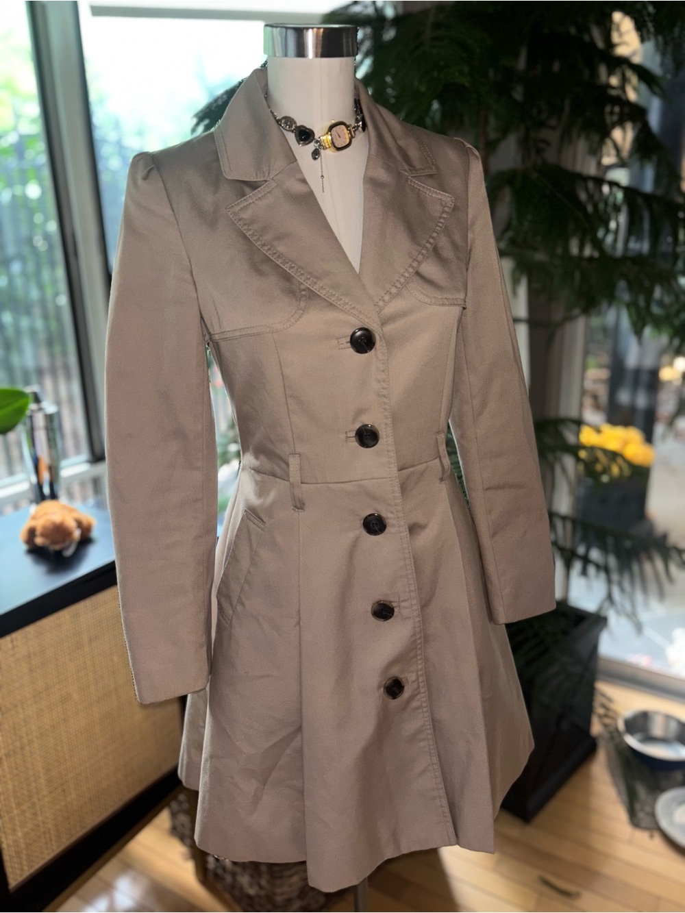 H&M Taupe Tailored Button-Front Trench Coat